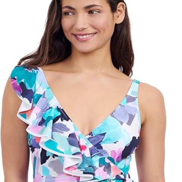 NWT Profile by Gottex Holi Abstract Floral Print Women’s V-Neck Surplice One Pc - Picture 4 of 8